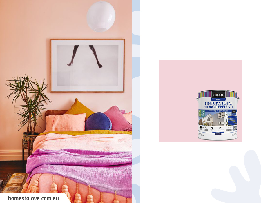 Moodboard de inspiración con un dormitorio rosado y una muestra de pintura rosada disponible en Sodimac.