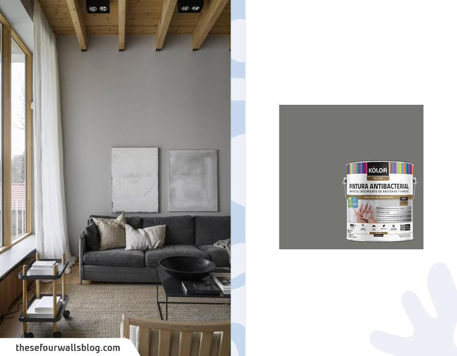 Moodboard de inspiración con un living de paredes grises y una muestra de pintura gris disponible en Sodimac.