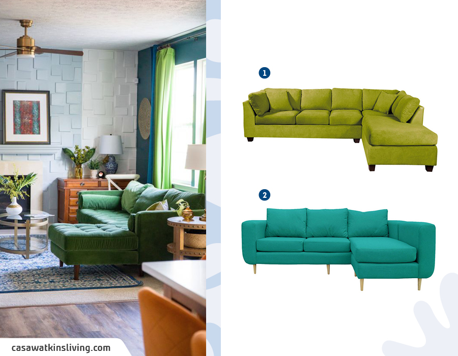 Moodboard de inspiración con 2 sofás seccionales en tonos verdes disponibles en Sodimac.