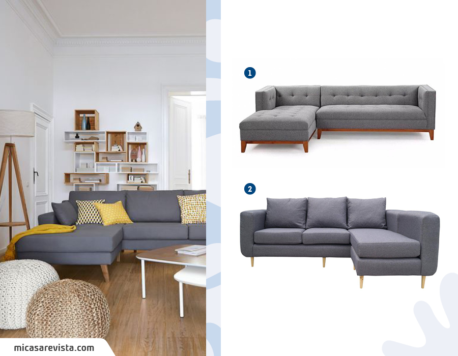 Moodboard de inspiración con 2 sofás seccionales grises disponibles en Sodimac.