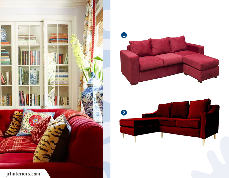 Moodboard de inspiración con 2 sofás seccionales de terciopelo rojo disponibles en Sodimac.