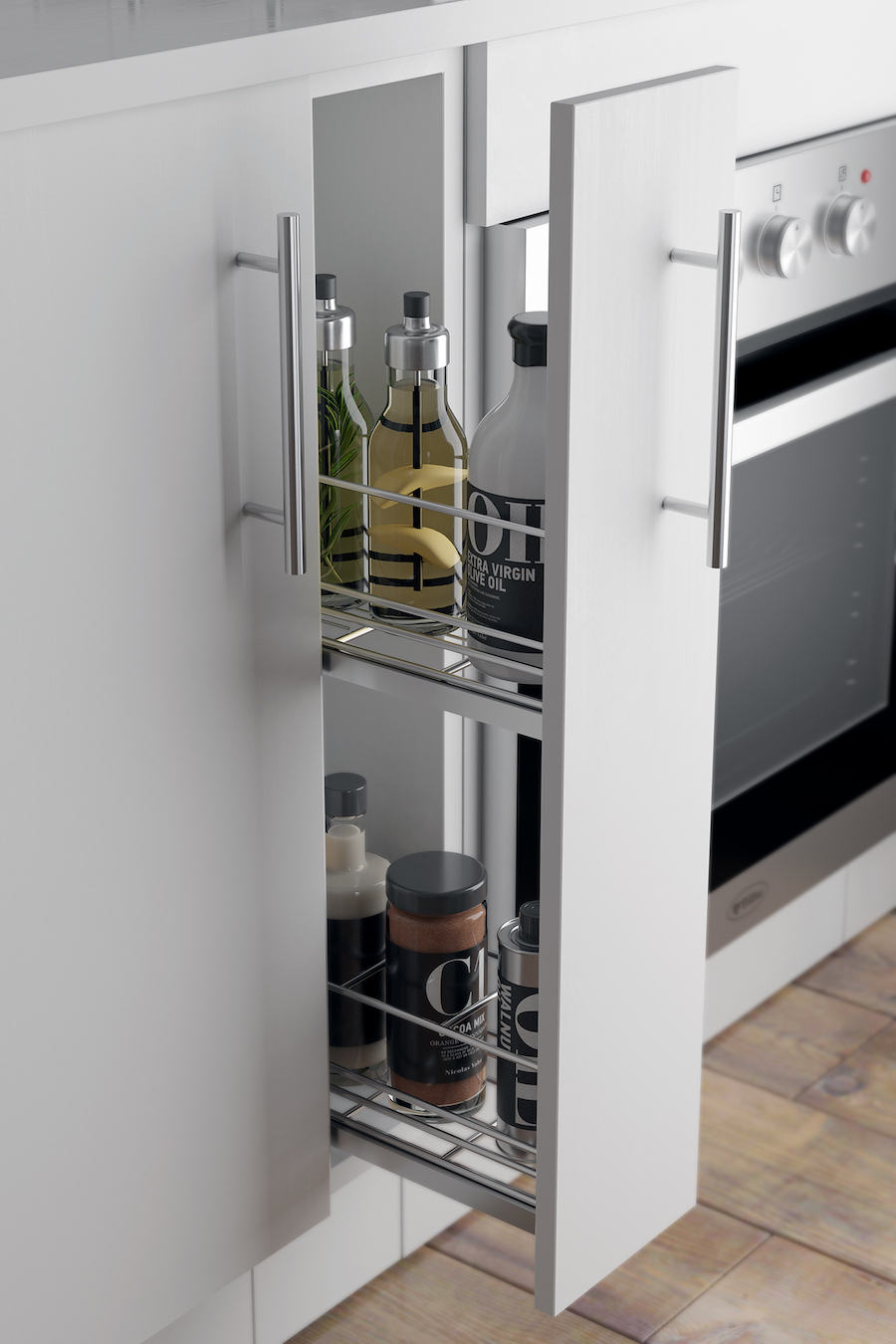 Mueble de cocina blanco semi abierto, con espacio para almacenar condimientos y botellas.