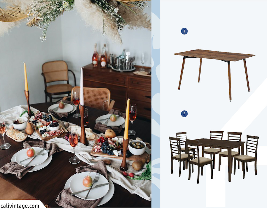 Moodboard de inspiración con una foto de una cena navideña, 1 mesa de comedor de madera y un juego de comedor del mismo estilo. Ambos disponibles en Sodimac