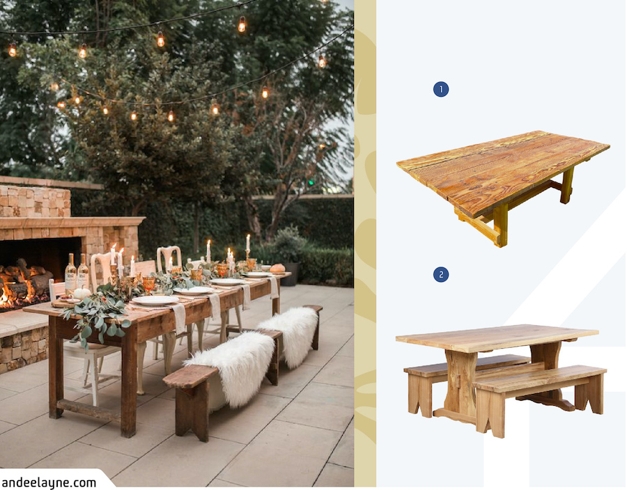 Moodboard de inspiración con una foto de una mesa navideña exterior rústica, 1 mesa de comedor rústica y un juego de comedor del mismo estilo. Ambos disponibles en Sodimac