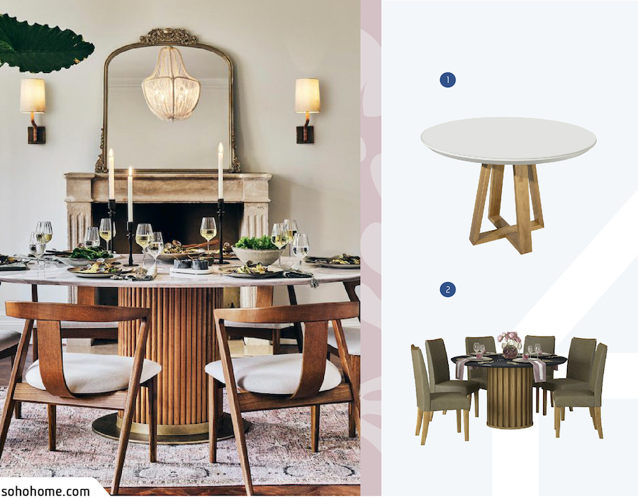 Moodboard de inspiración con una foto de una mesa redonda decorada, 1 mesa redonda blanca y un juego de comedor del mismo estilo. Ambos disponibles en Sodimac