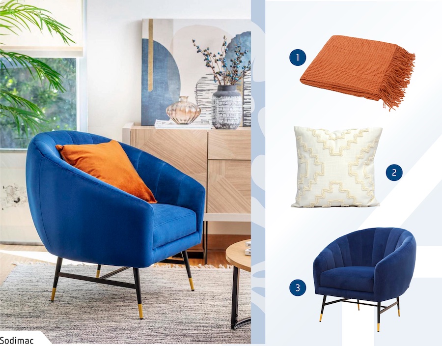 Moodboard de inspiración con una foto de un sofá azul de 1 cuerpo y un cojín anaranjado. Al lado hay 3 productos Sodimac: una manta naranja, un cojín blanco y un sofá azul.