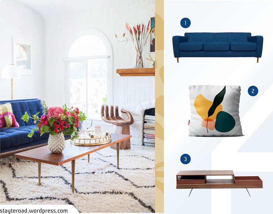 Moodboard con una foto de un living con un sofá azul, una mesa de madera y alfombra peluda blanca con líneas negras. Al lado hay 3 productos Sodimac: un sofá azul, un cojín blanco con una ilustración de colores y una mesa de centro de madera.