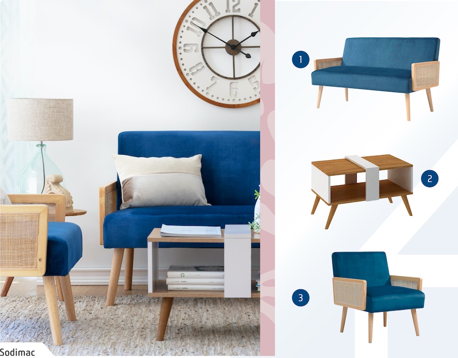 Moodboard de inspiración con una foto de un living con 2 sofás azules con detalles de madera y una mesa de centro de madera. Al lado hay 3 productos Sodimac: un sofá azul de 2 cuerpos, un sofá azul de 1 cuerpo y una mesa de centro de madera.