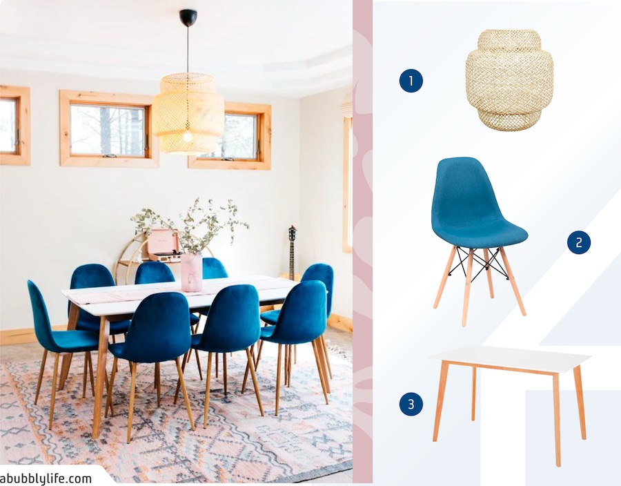 Moodboard con una foto de un comedor nórdico con 8 sillas azules, una mesa con superficie blanca y patas de madera y una lámpara que cuelga del techo. Al lado hay 3 productos Sodimac: una silla azul, una mesa de comedor y una lámpara de fibras naturales.