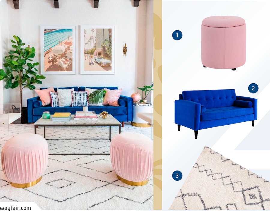 Moodboard con una foto de un living con un sofá azul de 3 cuerpos, 2 poufs rosados y una alfombra blanca con líneas negras. Al lado hay 3 productos Sodimac: un sofá azul, un pouf rosado y una alfombra blanca con líneas grises.