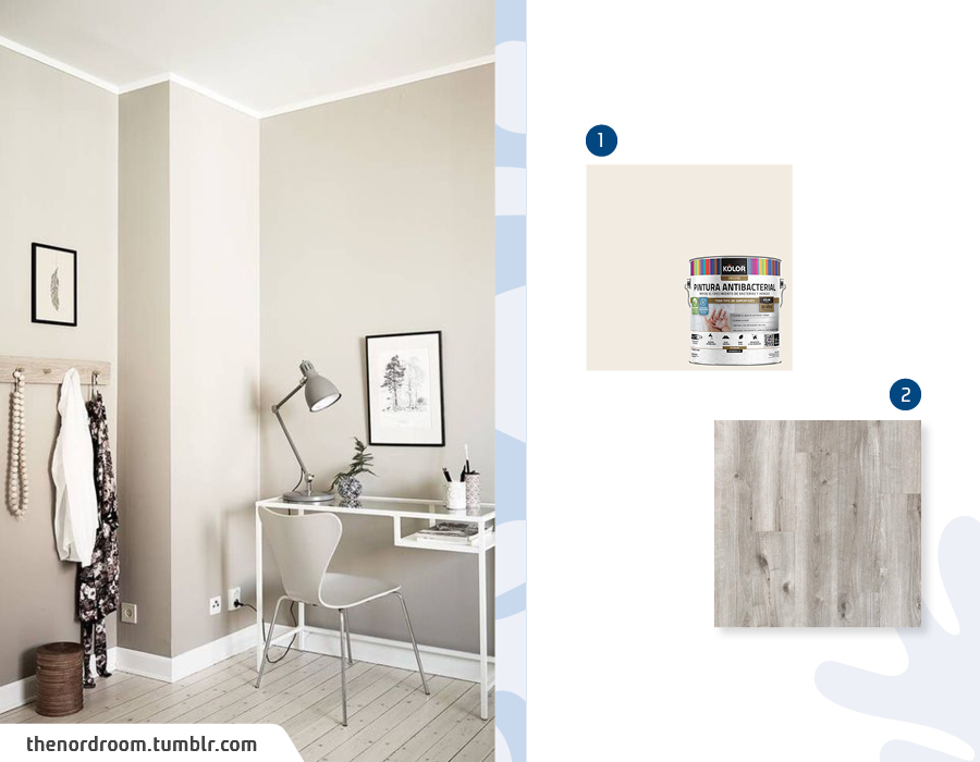 Dormitorio con un escritorio blanco con una silla gris. Las paredes son beige claro y el piso es de madera gris claro. Al costado hay una muestra de pintura beige claro y un piso de madera gris claro, ambos disponibles en Sodimac.
