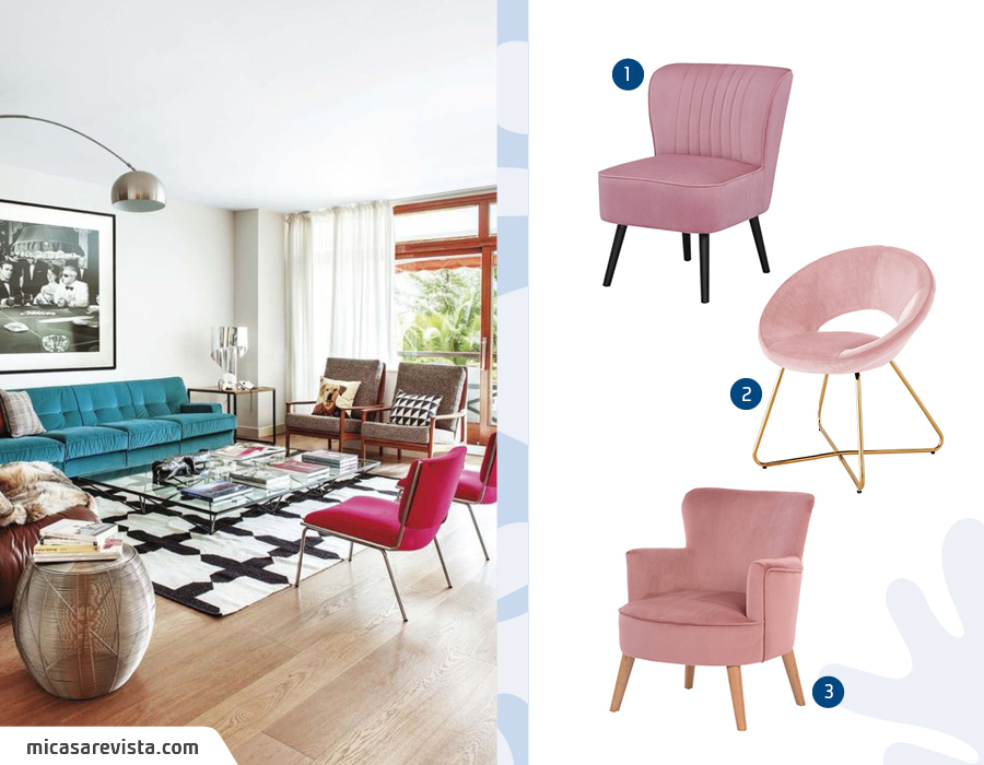 Living con sofá turquesa, sillones grises, alfombra en blanco y negro y 2 poltronas rosadas. Al lado de la imagen hay 3 poltronas rosadas disponibles en Sodimac.