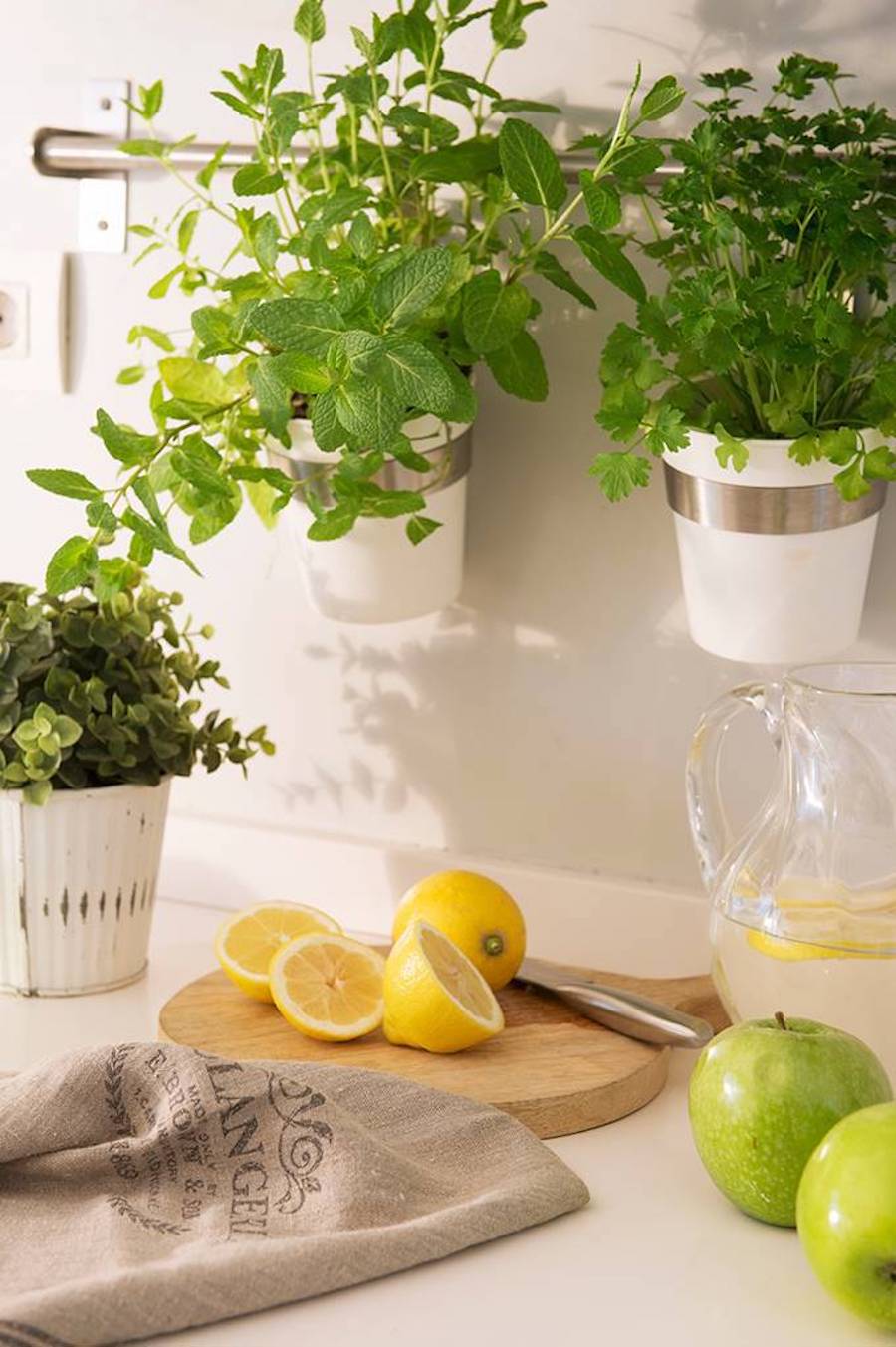 Detalle de un mesón de cocina blanco con una tabla con limones partidos, un jarro con agua y rodajas de limón, un paso de cocina, 2 manzanas verdes y 1 pequeña planta. De la pared cuelgan 2 mini maceteros con hierbas aromáticas.