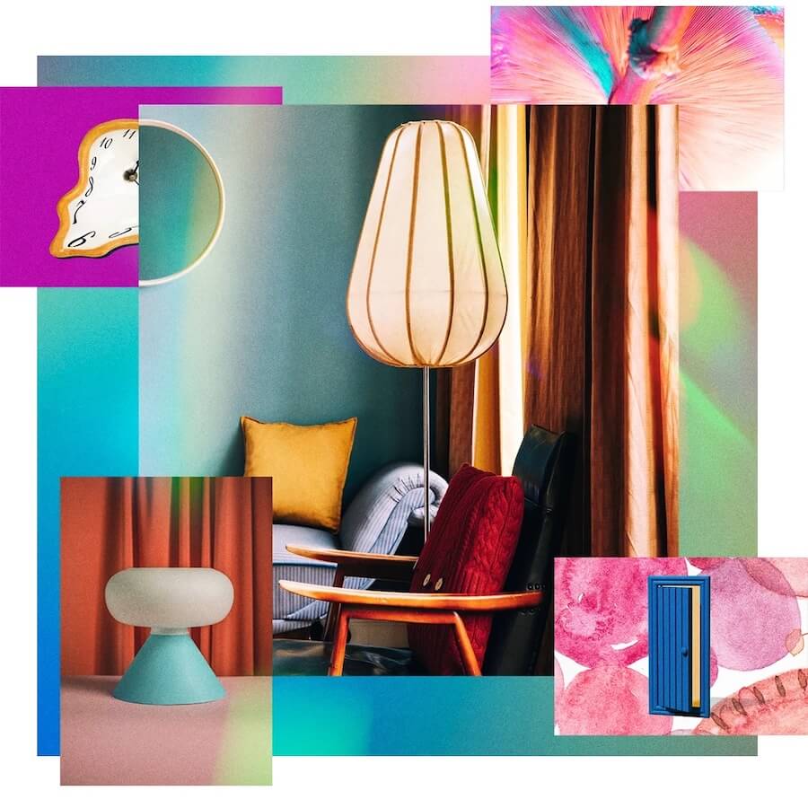 Collage con imágenes de un living colorido con una lámpara protagonista, un reloj con forma irregular y otras decoraciones fantásticas.