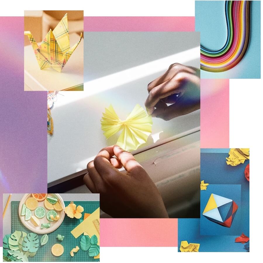 Collage con distintas fotos de manualidades hechas en papel, como origamis y otras figuras decorativas y coloridas.