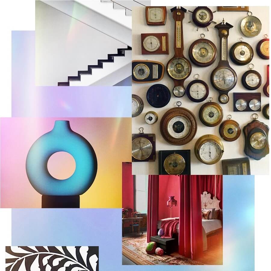 Collage con distintos elementos decorativos vintage, como relojes de pared, una figura de cerámica circular, un dormitorio en tonos magenta y una escalera minimalista.