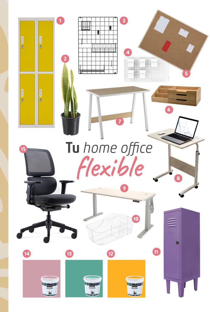 Moodboard de productos de Sodimac para un home office flexible.