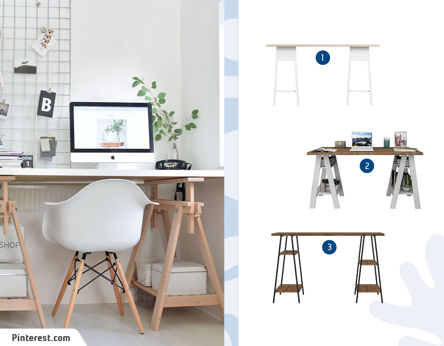 Moodboard de escritorios estilo caballete disponibles en Sodimac, junto a una foto de un escritorio blanco con patas de madera estilo caballete unto a una silla blanca con patas de madera. 