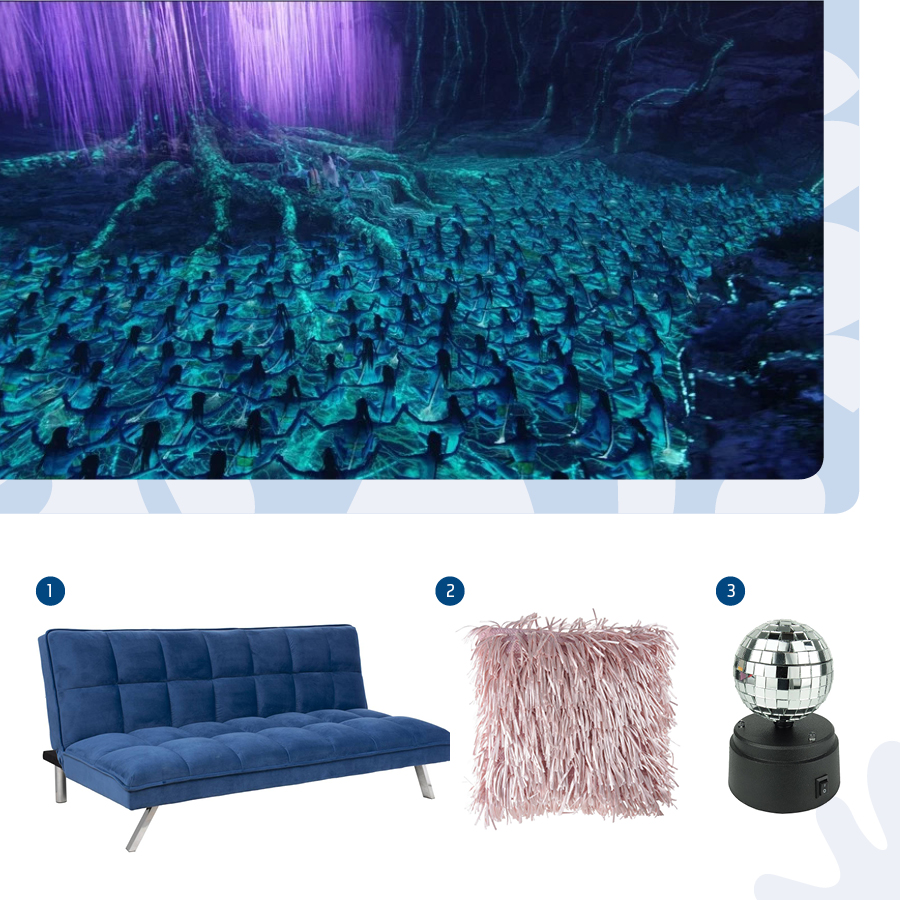 Moodboard de productos disponibles en Sodimac inspiradas en la película Avatar acompañado por una captura de pantalla.