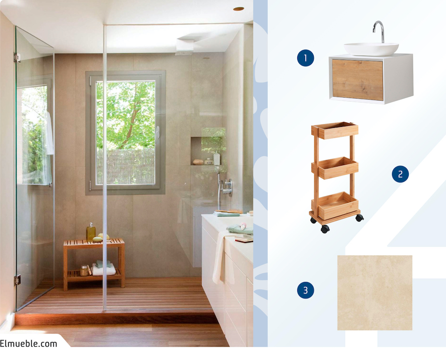 Moodboard de productos de materiales naturales para el baño disponibles en Sodimac junto a una foto de un baño con ducha con tarima y mueble de madera. 