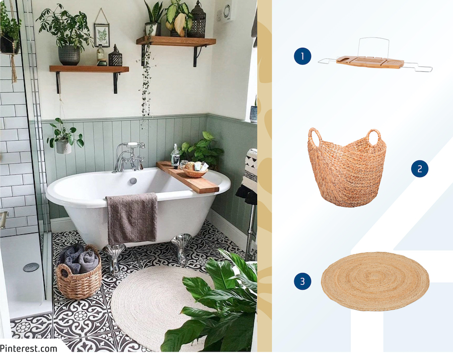 Moodboard de productos de materiales naturales para transformar el baño en spa disponibles en Sodimac junto a una foto de un baño con tina, bandeja de madera para tina, alfombra y canasto de fibras naturales y varias plantas.  