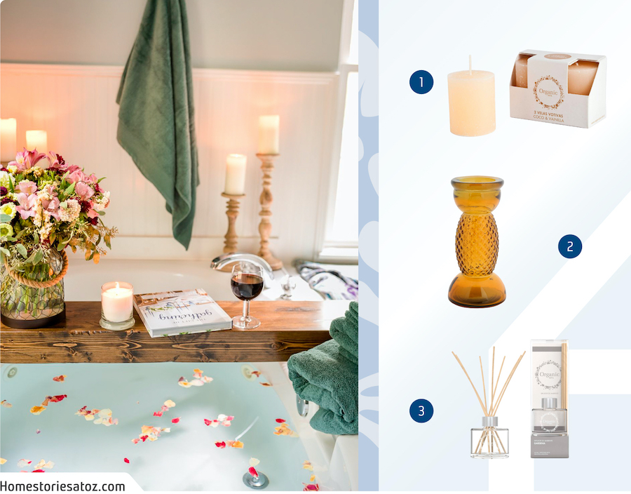 Moodboard de velas, aromáticos y portavelas disponibles en Sodimac junto a una foto de spa en casa, con velas, copa de vino, jarrón fon flores y libros en una tina.