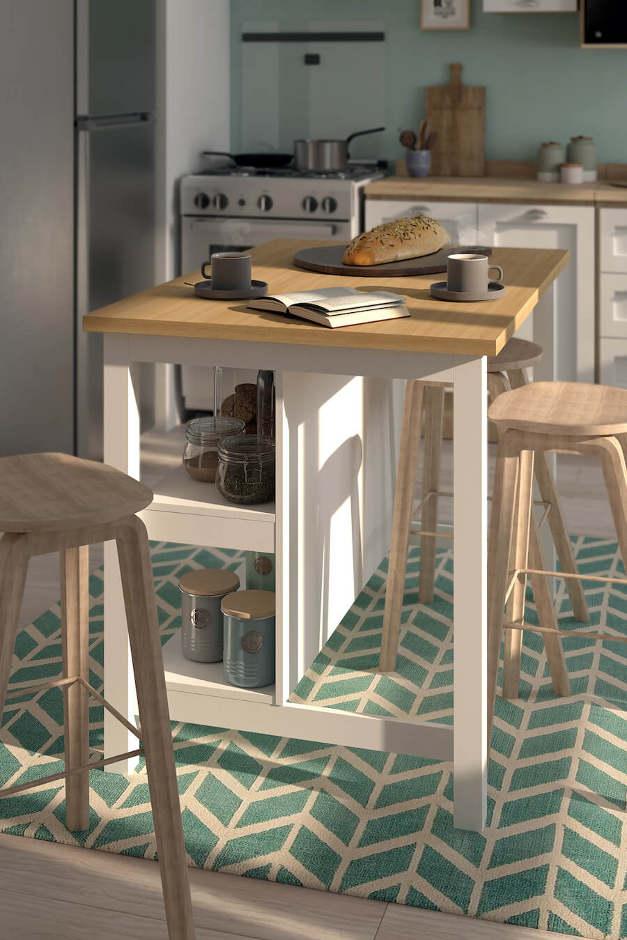 Mueble desayunador cocina americana. Mesa de madera con base café y patas blancas, con espacio de almacenaje. 3 pisos bajos de madera, alfombra color turquesa con diseño geométrico.