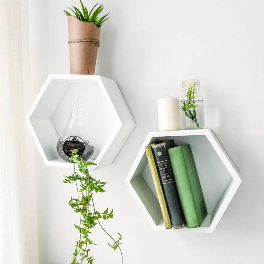 Dos repisas flotantes hexagonales de color blanco sobre una pared blanca. En ellas hay libros y plantas de adorno.