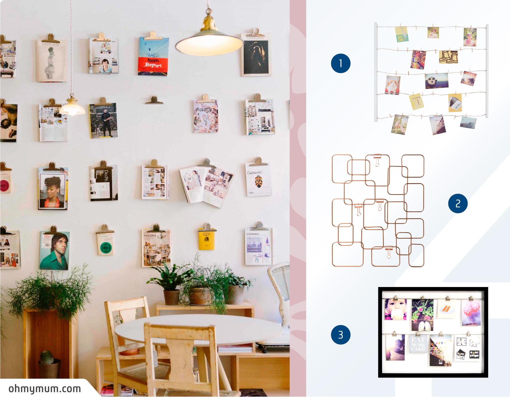 Moodboard de productos para colgar fotos de forma original disponibles en Sodimac junto a una foto de un comedor con un muro galería con páginas de revistas y fotos colgados por ganchos de metal.