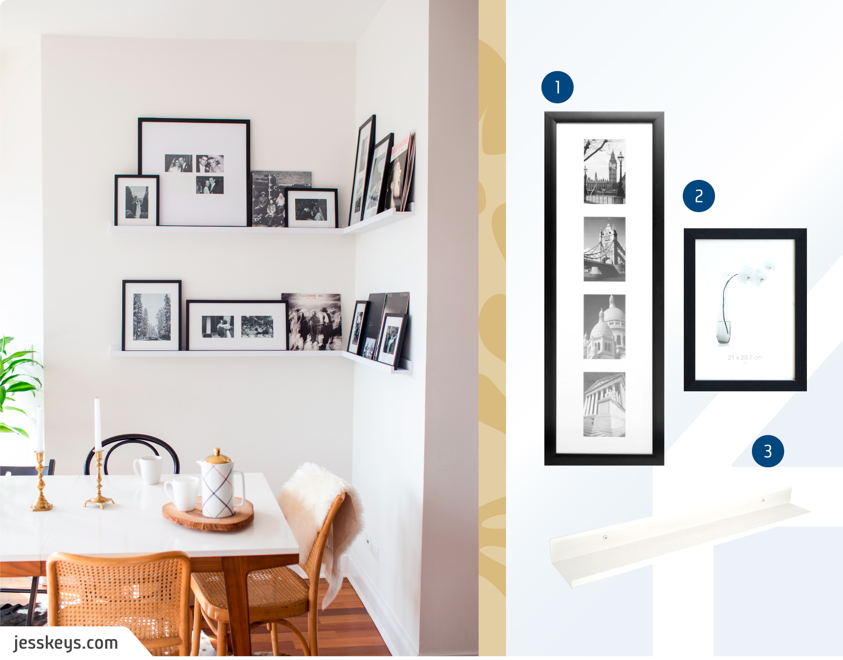 Moodboard de marcos y repisas disponibles en Sodimac junto a una foto de un comedor con un muro galería de marcos negros con fotos en blanco y negro dispuestos en dos estantes blancos.
