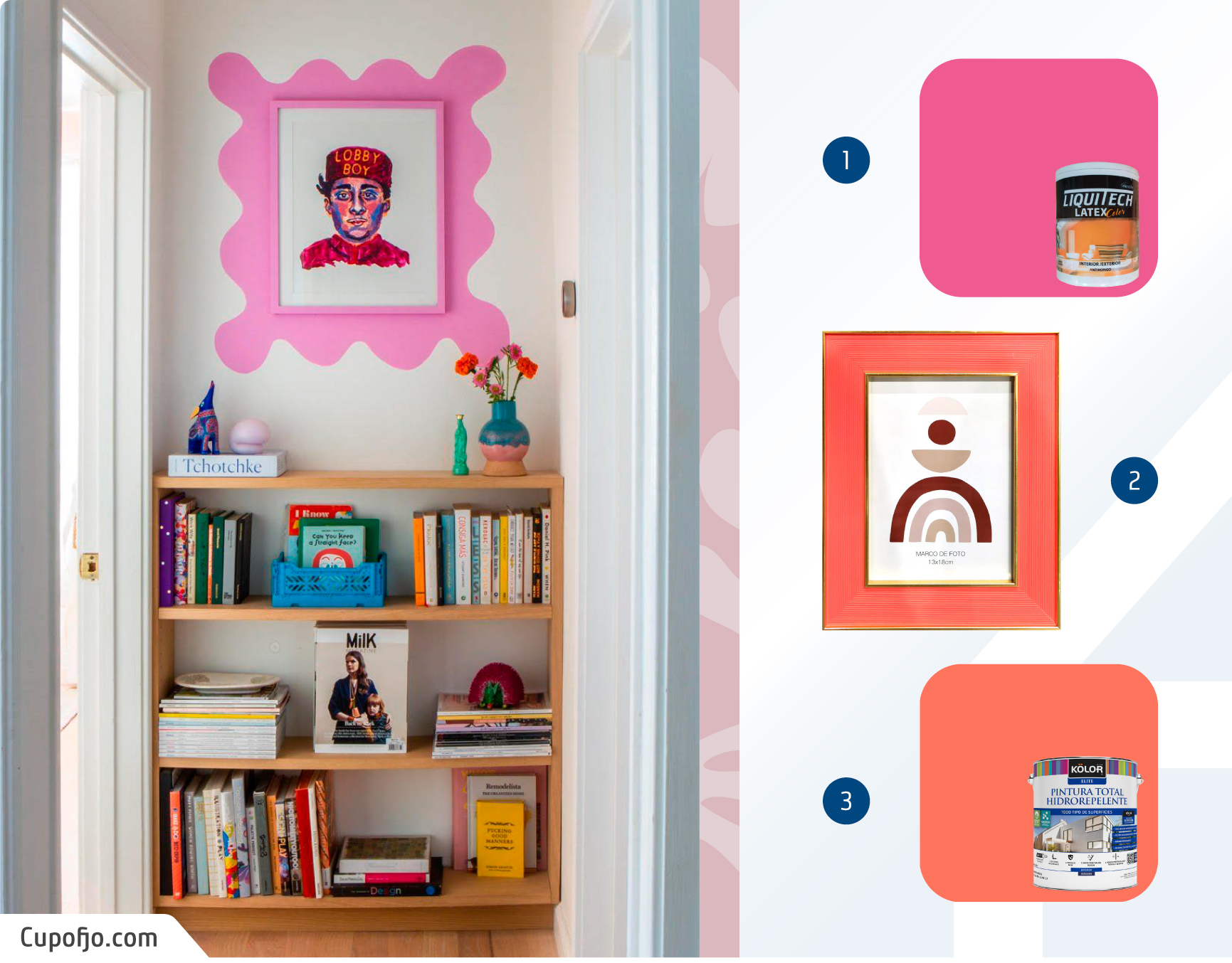 Moodboard de pintura para interior y marcos disponibles en Sodimac junto a una foto de un pasillo con un marco con ilustración dispuesto en una pared pintada del mismo color del marco. 