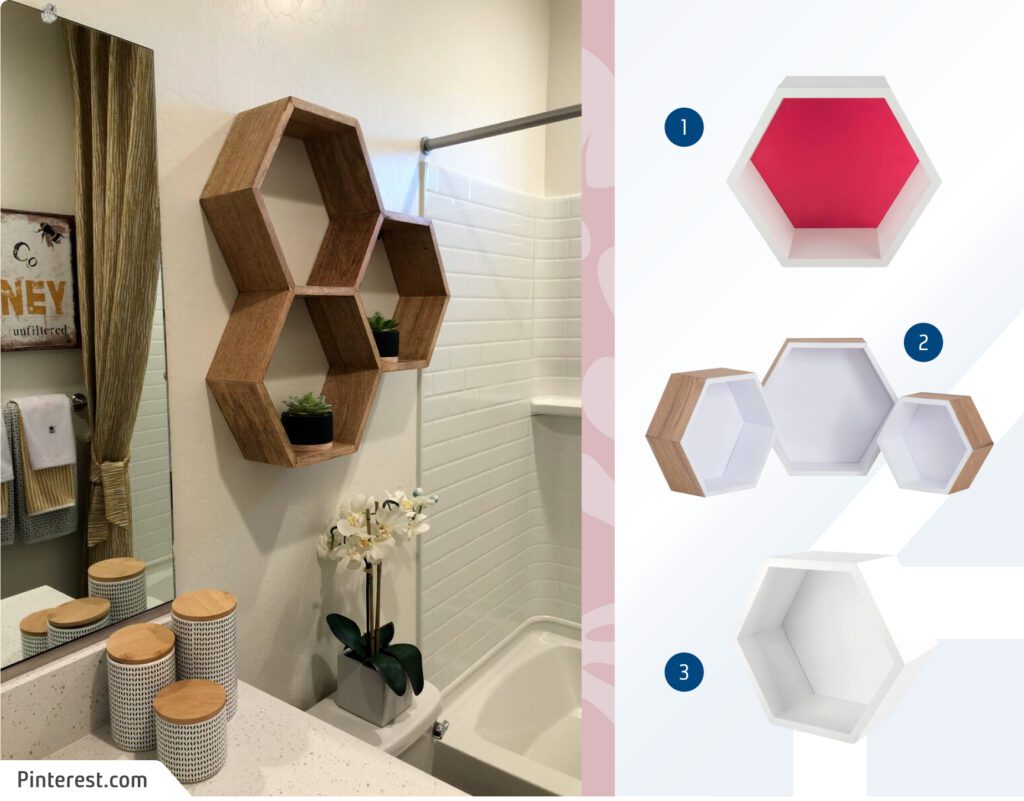 Moodboard de repisas hexagonales disponibles en Sodimac junto a una foto detalle de un baño con una repisa de madera en forma de un conjunto de tres hexágonos.
