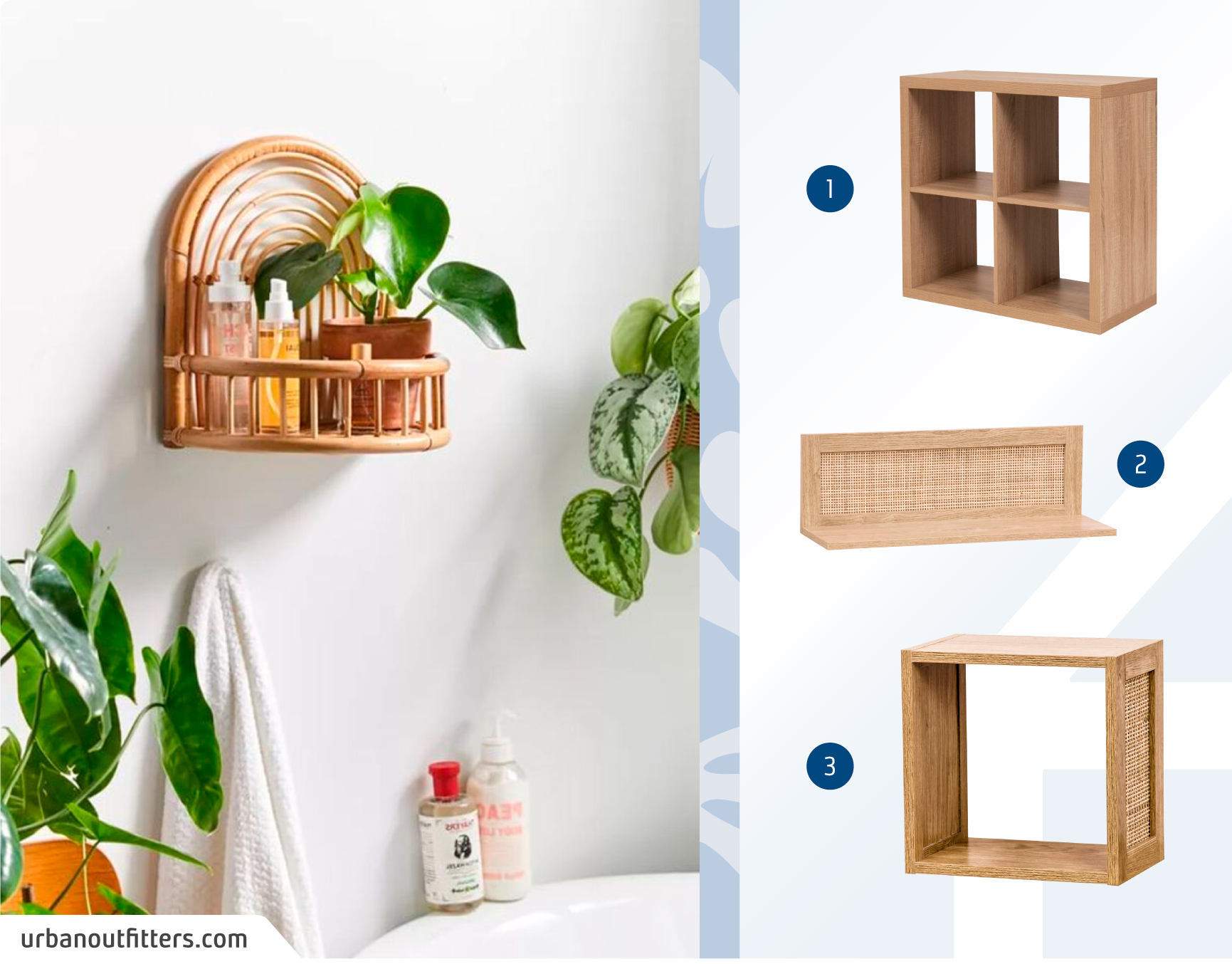 Moodboard de repisas de materiales naturales disponibles en Sodimac, junto a una foto detalle de un baño con una repisa hecha de bambú con una planta y productos higiénicos.