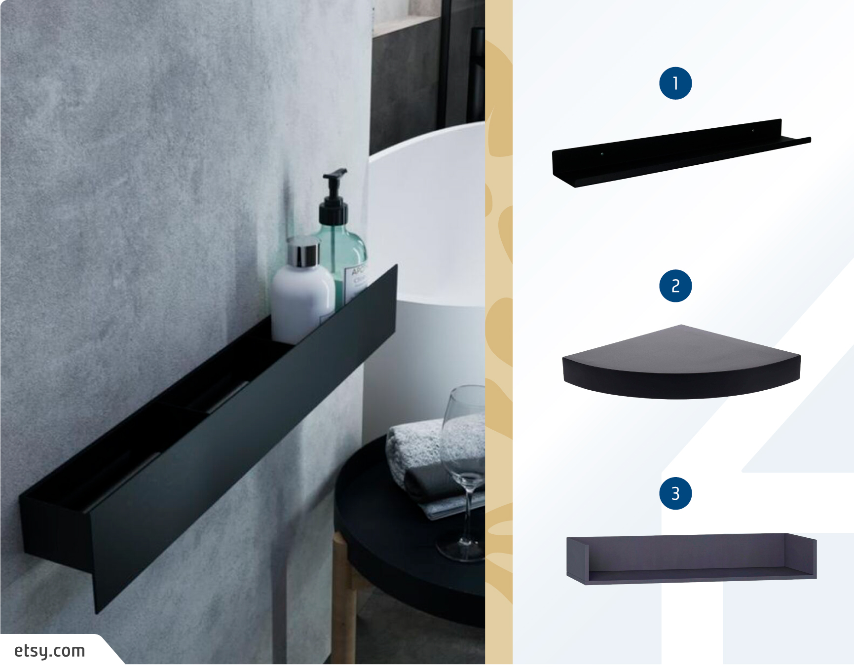 Moodboard de repisas minimali negras disponibles en Sodimac, junto a una foto detalle de un baño con una repisa negra y productos higiénicos.
