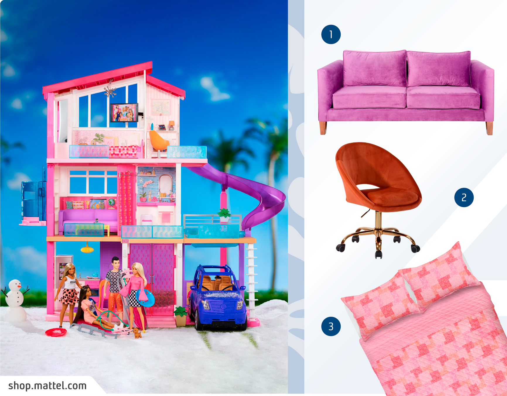 Moodboard de muebles y accesorios Barbiecore disponibles en Sodimac.