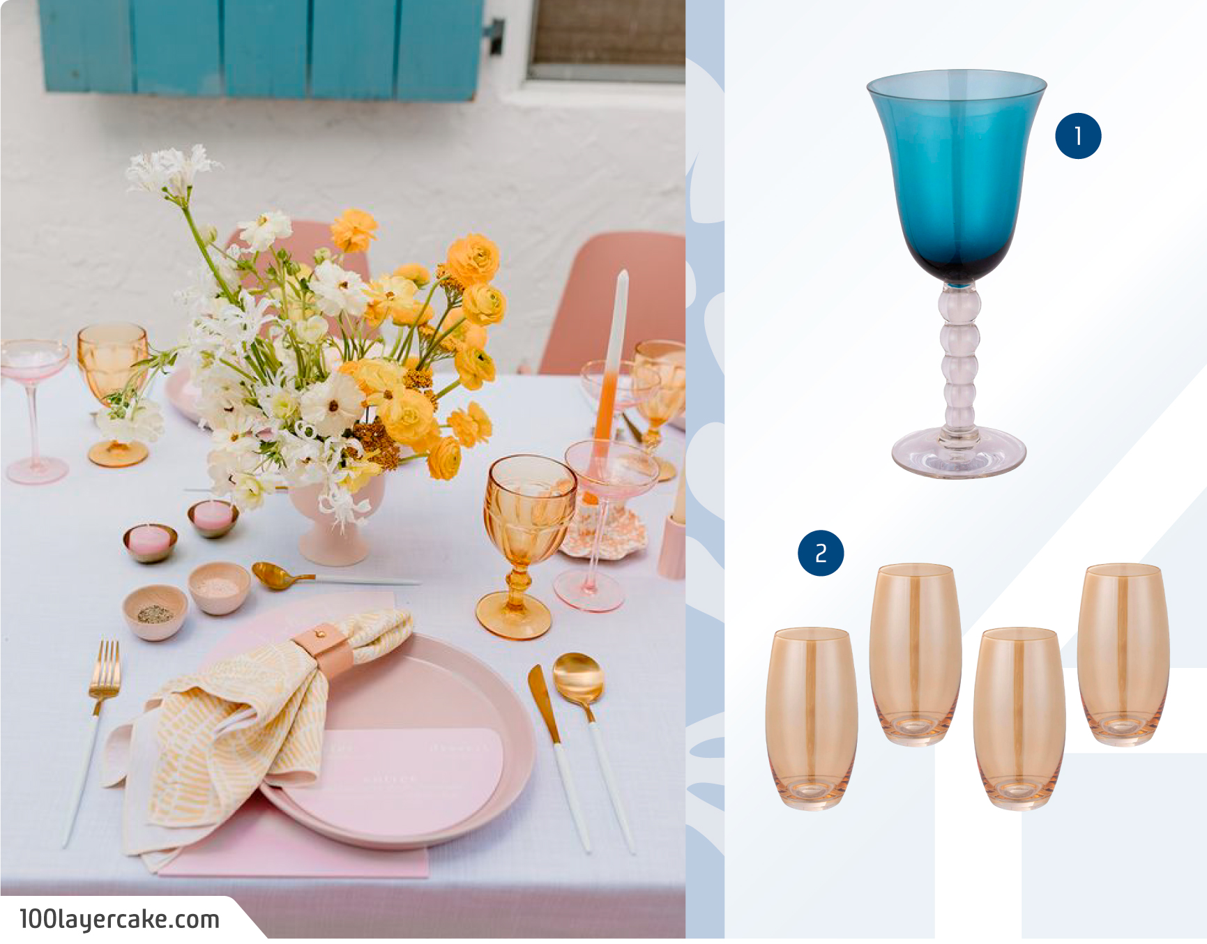 Moodboard de vasos y copas para decoración de cumpleaños para adultos disponibles en Sodimac.