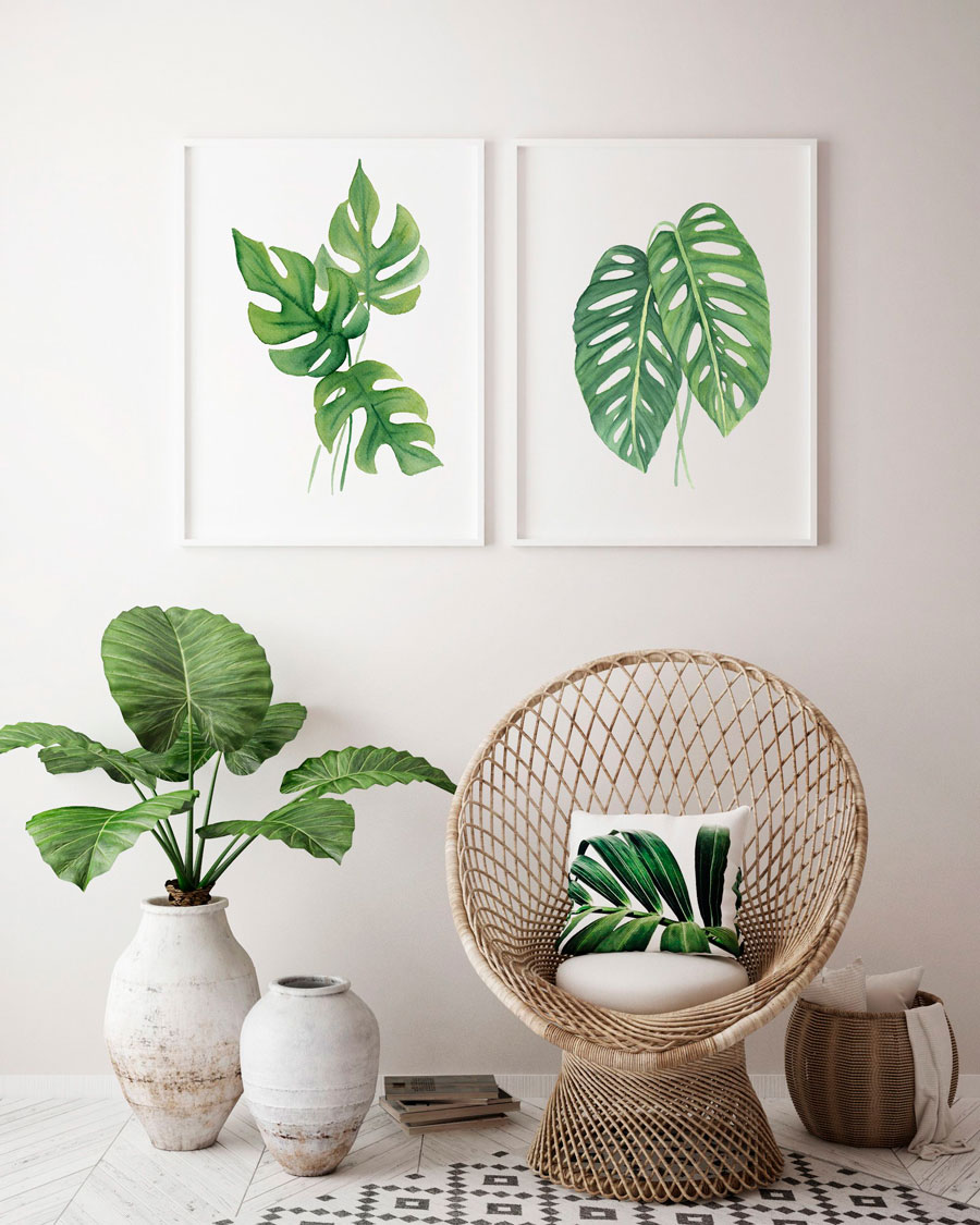 textiles y láminas decorativas con imágenes de plantas