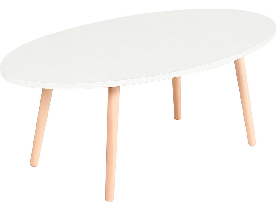 mesa estilo nórdico, de superficie ovalada blanca y patas de madera color claro