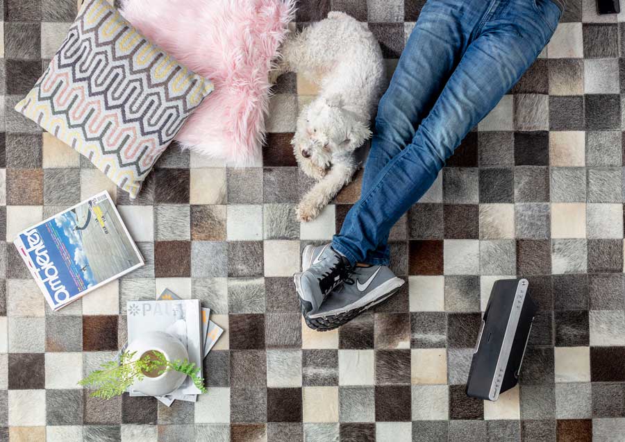 Una persona y un perro sobre una alfombra hecha con retazos de tonos grises, café y crema. Sobre la alfombra también hay dos cojines, revistas y un speaker.