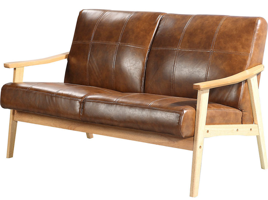 sillón o sofá de cuero con estructura de madera color natural