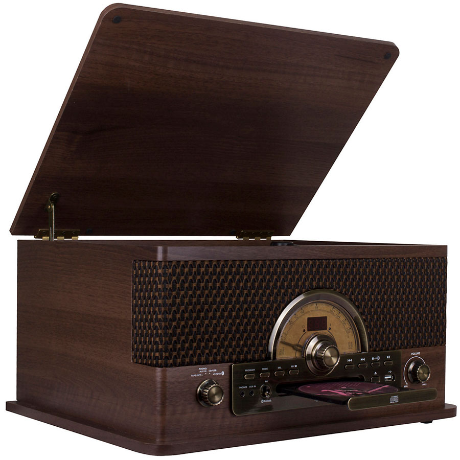 Tornamesas triumph de madera con apariencia de radio antigua, bluetooth, cd